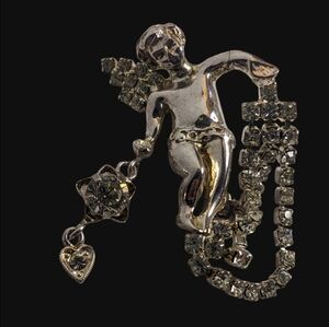 Vintage Rhinestone Cherub Angel Brooch w/ Dangling Heart &‎ Garland